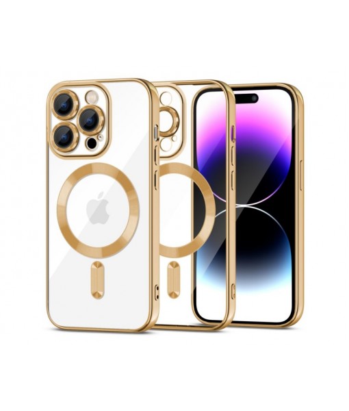 Husa iPhone 15 Pro, Magshine Magsafe, Transparenta Cu Margine Gold